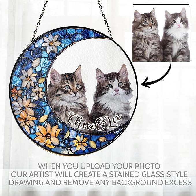 Personalized Memorial Dog Cat, Portrait Photo, Moon Stained Glass Window Hanging Suncatcher - Keepsake Gift for Pet Lover (Memorial Moon Pet)