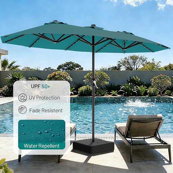 AreShark 13 FT Patio Umbrella with Solar Lights, Double-Sided Outdoor Table Umbrellas with Crank, Large Rectangular Market Umbrella for Porch, Lawn, Pool, Backyard, Lake Blue
