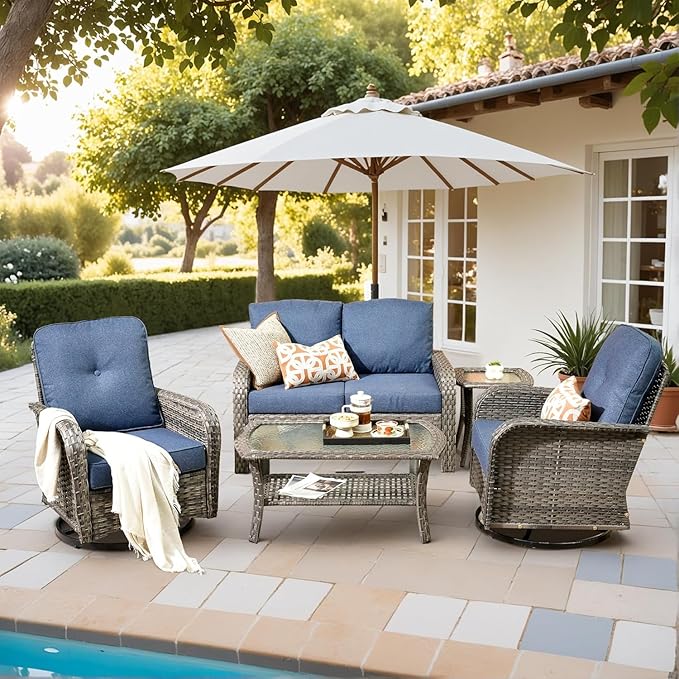 5 Pieces Outdoor Patio Furniture Set with Coffee Table, All Weather Wicker Patio Conversation Sets with Rocking Chairs, Balcony Furniture Sets for Backyard, Garden, Poolside, Denim Blue