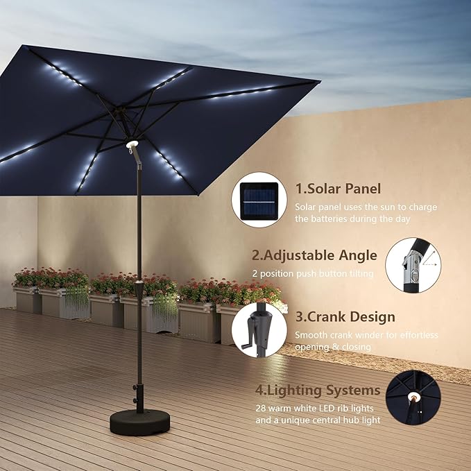 C-Hopetree Rectangular Outdoor Patio Market Umbrella with Solar LED Lights 6.5 x 10 ft