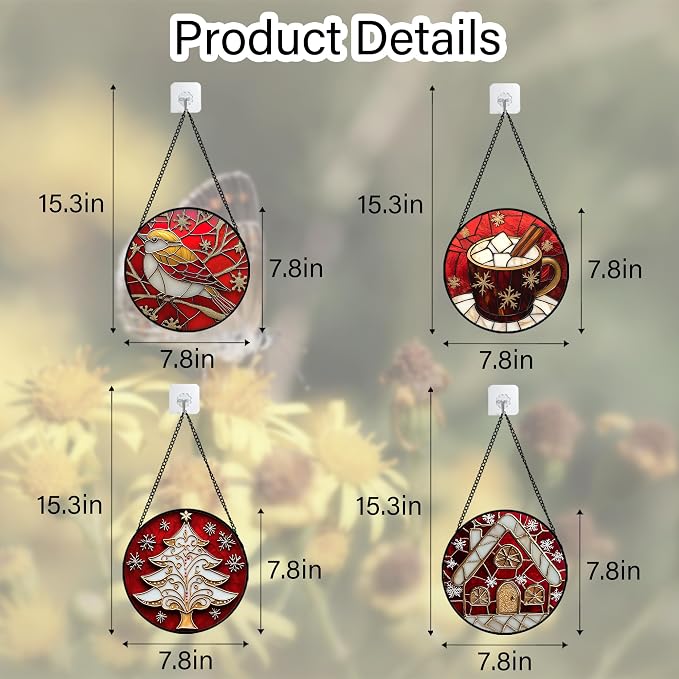 DASTOLL Stained Glass Window Hanging 4 Pcs Set Red Christmas Themed Decorations 7.8" - Suncatcher Door Garden Sun Catcher Decor Birthday New Year for Mom Woman Nana Men