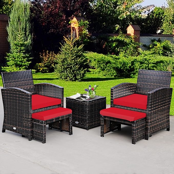 COSTWAY 5PCS Patio Rattan Wicker Furniture Set, Coversation Set with Side Table, Outdoor Cushioned Chairs with Ottomans for Backyard Deck, Red