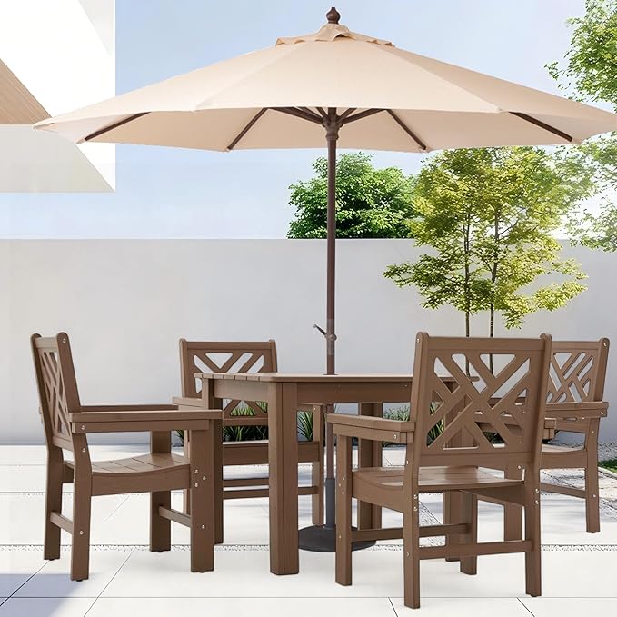 HDPE Outdoor Dining Set,5-Piece Outdoor Table and Chairs Include 4 Armchair Chairs and 32.5" Square Patio Dining Table with Umbrella Hole (Brown)