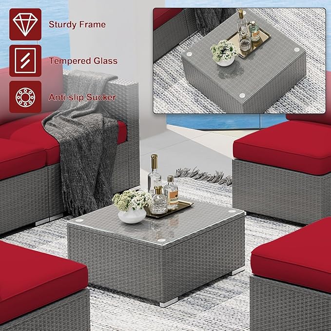 SUNCROWN 7-Piece Patio Furniture Set with Coffee Table and Soft Cushions, Outdoor Sectional Sofa Grey Wicker Conversation Sofa Set, Red