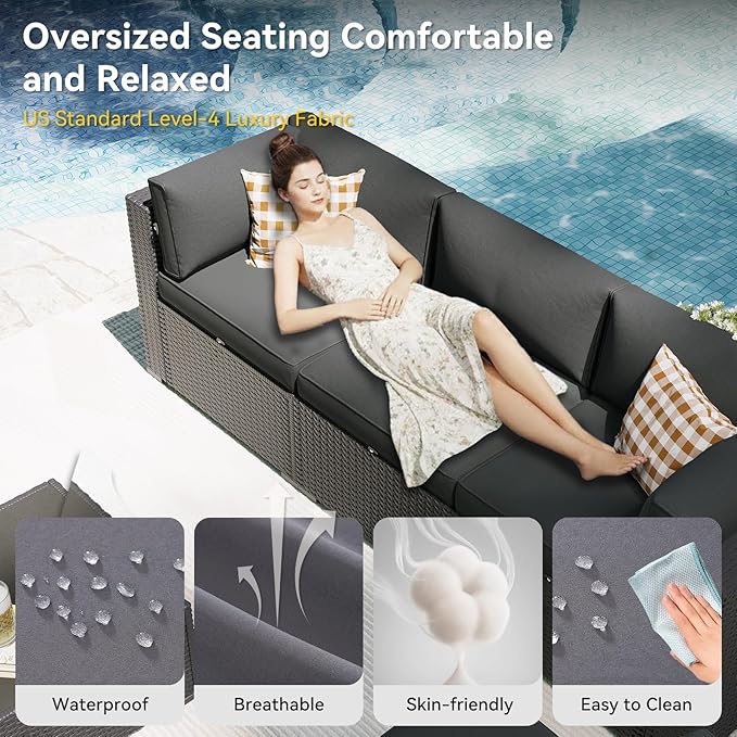 Aoxun Patio Furniture Set, 11 Piece Outdoor Sectional Sofas with Waterproof Cover, 10 Seats Wicker Rattan Outdoor Furniture Patio Conversation Set for Backyard, Garden Dark Grey