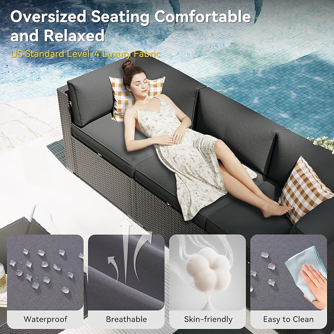 Aoxun Patio Furniture Set with Umbrella, 8 Piece Outdoor Sectional Sofas, Wicker Rattan Outdoor Furniture with Thickened Cushion for Backyard, Garden Dark Grey