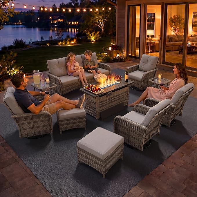 Aoxun 12-Piece Patio Furniture Set with 44” Fire Pit Table, Wicker Outdoor Sectional Sofa with High Back Swivel Rocker Chairs, Outdoor Patio Furniture Set with Thick Cushions & Ottoman, Grey