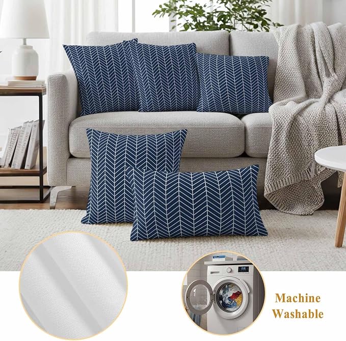 Outdoor Waterproof Throw Pillow Covers Set of 2 Navy Blue Chevron Stripes Pillowcases 16x16 Inches Modern Geometric Texture Decorative Pillows Cushion Case Patio Pillows for Couch Bed Chair Garden