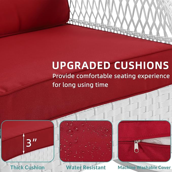 MEETWARM 4 Pieces Outdoor Wicker Patio Conversation Sets with Glider Loveseat, 2 Chairs with Coffee Table Wicker Rocking Glider Set, Patio Conversation Set with Thickened Cushions, White/Red