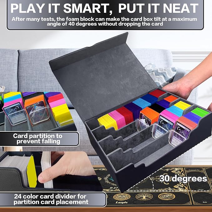 PROMAXIBINDER Trading Card Storage Box Fits 4000+ Cards, 4-Row MTG Commander Deck Case with Playmat, 6 Movable Partitions 24 Dividers PU Leather Magnetic Closure, Magic/TCG/YuGiOh/Sport (Black&Grey)