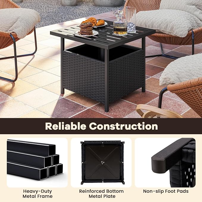 HAPPYGRILL Wicker Patio Umbrella Table with 1.57” Umbrella Hole, Outdoor Rattan Side Table with Heavy Duty Metal Frame, 22” Square PE Rattan End Table for Deck Backyard Poolside (Black)