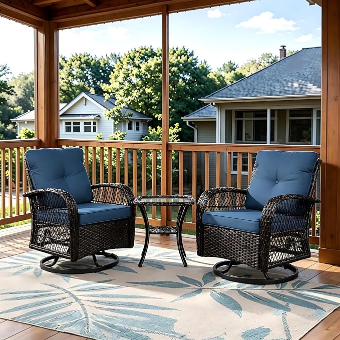 Outdoor Swivel Rocker Patio Chairs with Cushions，Outdoor Swivel Rocking Chairs Set of 2 with Rattan Side Table，360 Degree Swivel Seat Patio Furniture Set for Outside Porch Deck，3 Pieces
