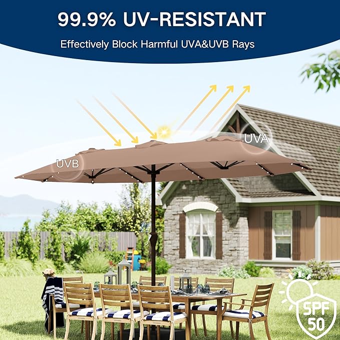 Large Patio Umbrella with Solar Lights and Base, Double-Sided Outdoor Rectangle Umbrella with 48 LED Lights, Market Table Umbrellas with UV Resistant Canopy