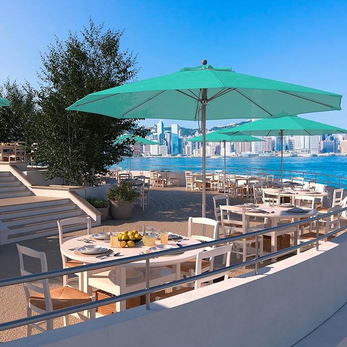 California Umbrella 11Ft Commercial Grade Sunbrella Fabric Market Umbrella, Pulley Lift, Aluminum/Fiberglass, 2mm pole wall, Silver Frame, Aruba Fabric