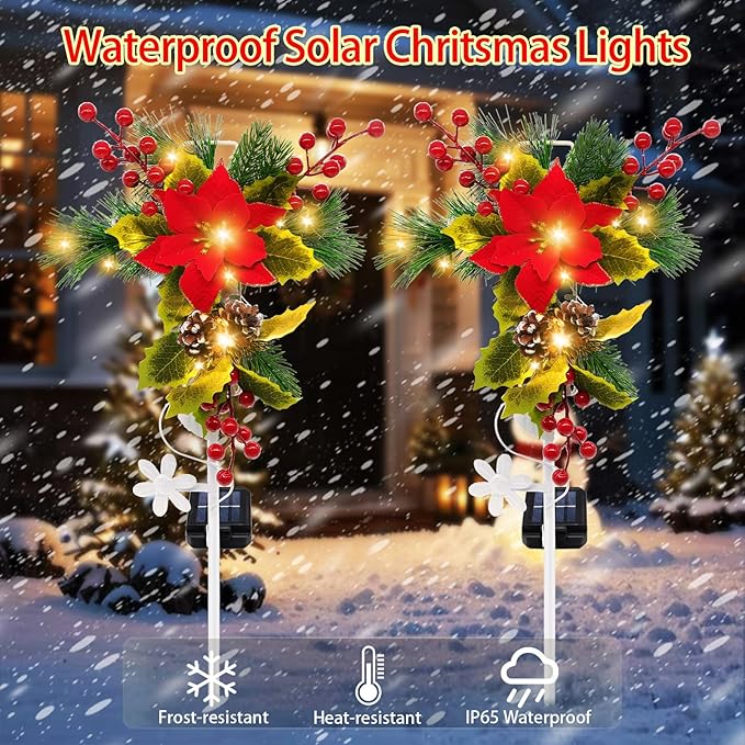 Solar Christmas Decorations Outdoor, 4 Pack 32 Inch Solar Christmas Cross Stake Lights, Waterproof Grave Decorations with Poinsettia Flower Pinecones Red Berries for Garden Yard Patio Lawn Cemetery