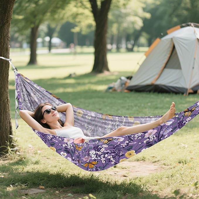 Camping Hammock Outdoor Hammocks for Outside Purple Flowers Beach Trees Portable Lightweight with Pockets Tree Straps Indoor