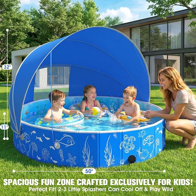 FizZeal Kiddie Pool with Canopy, 50in Foldable Toddler Pool,Pop Up Baby Pool with Shade,UPF 50+UV Portable Swimming Pool for Kids,Collapsible Baby Pool for Beach, Outdoor Toddler Pool for Backyard
