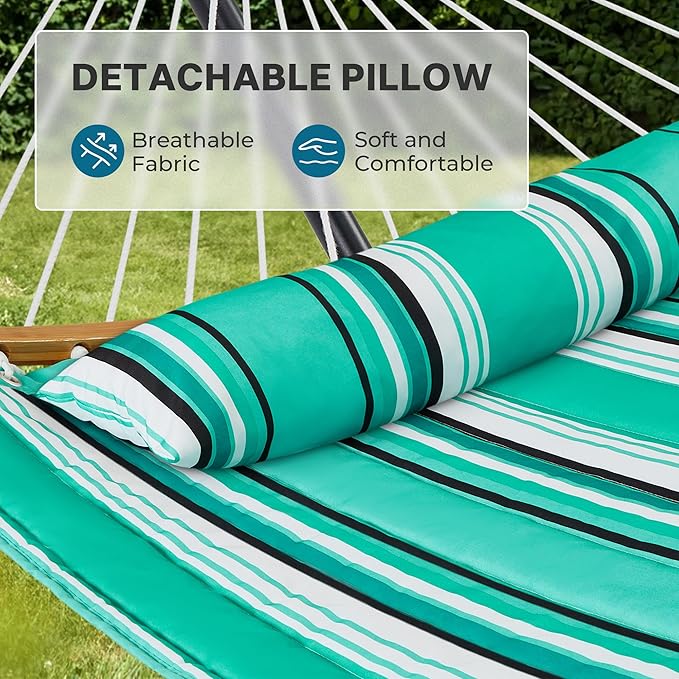 SUPERJARE Hammock with Stand, 2 Person Heavy Duty Hammock with Padded Cotton, Detachable Pillow & Strong Curved-Bar & Portable Carrying Bag, Perfect for Outdoor & Indoor, Mint Green with Stripes