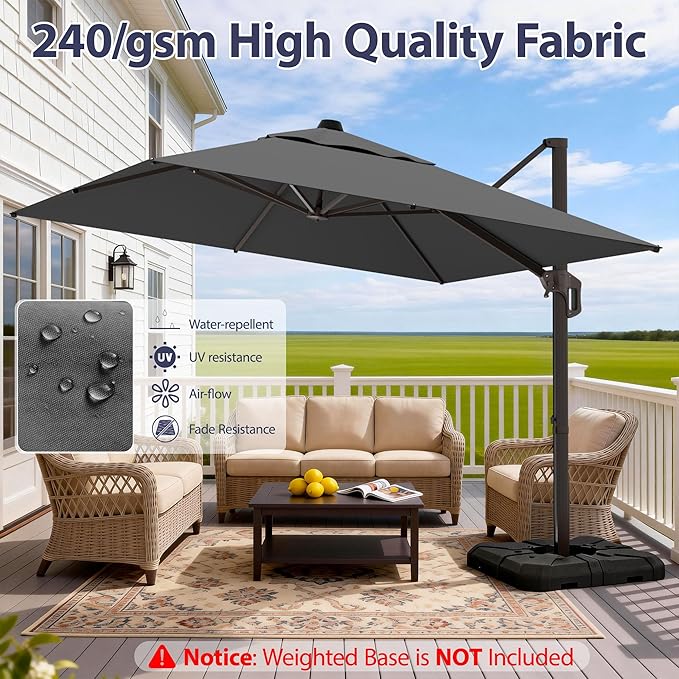 10' X 10' Patio Umbrella Cantilever Outdoor Rectangle Umbrella, Heavy Duty 360°Rotation Offset Umbrella for Garden Deck Pool Patio, Grey