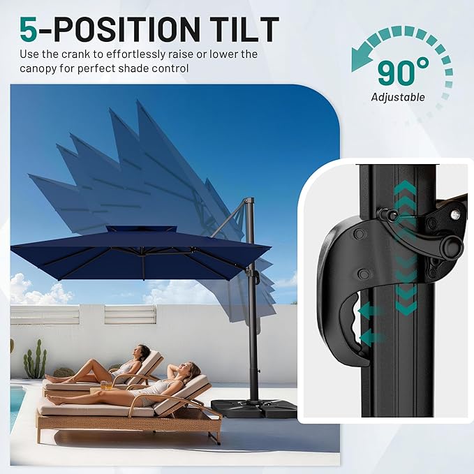 AreShark 9×9FT Double-Top Cantilever Patio Umbrella with Base Included, Square Offset Umbrella with 360 Degree Rotation, Heavy Duty Patio Umbrella for Garden Deck Pool, 5 Tilt Angles, Navy