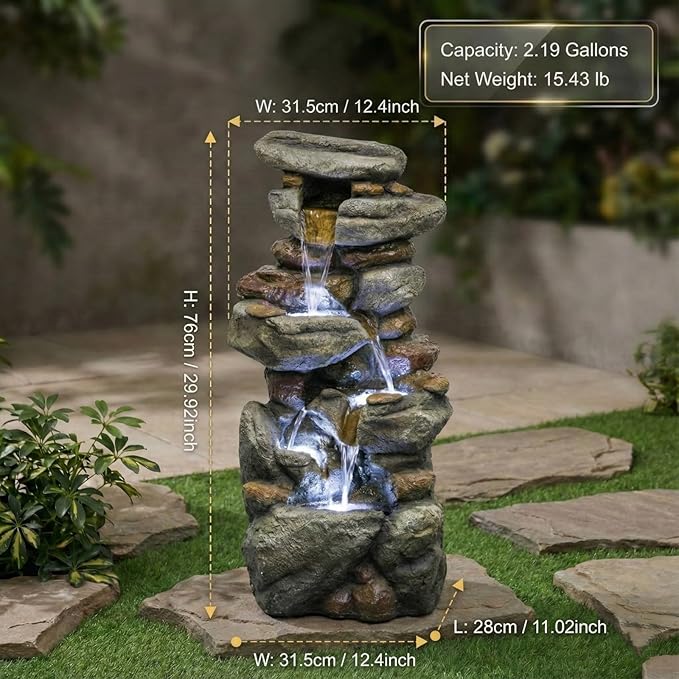 Outdoor Water Fountain Large 30'' - Resin Waterfall Fountain with LED Light, 5-Tiers Cascading Rock Outdoor Water Fountain for Patio, Yard, Garden, Backyard, Decking with Natural Stone Look
