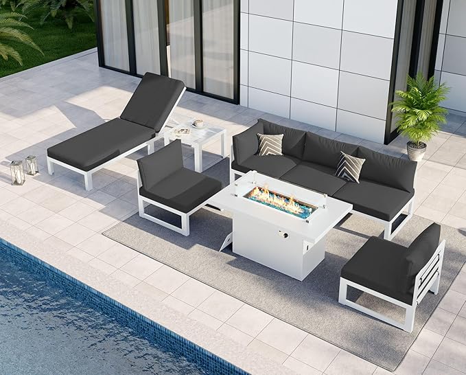 NICESOUL 8 Piece Oversized Modular Aluminum Outdoor Furniture Set with Chaise Lounge, 29" Deep and Wide Sectional Seating, 500 lbs High Weight Capacity Patio Conversation Set for Poolside, Dark Gray