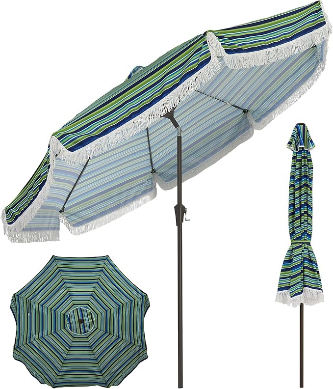 Garvee 10FT Fringe Patio Umbrella with Crank Handle, Push Button Tilt for Sun Shade, 8 Fiberglass Ribs,1.5"D Premium Steel Pole, Outdoor Large Tassel Umbrella for Patio Beach Pool Backyard,10' Stripe