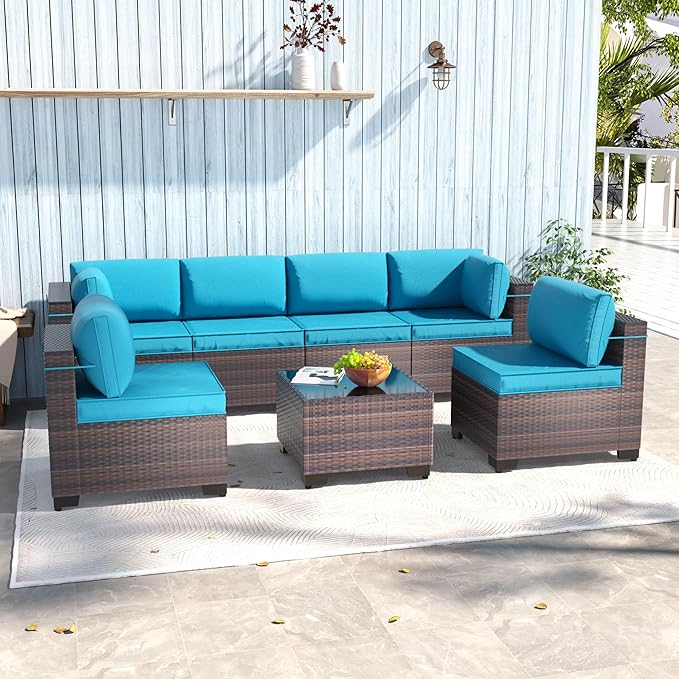 7 Pieces Outdoor Patio Furniture Sets,Wicker Conversation Set Sectional Sofa,Includes 6 All-Weather High Back PE Rattan Seating Components w/Thickened Cushions&Coffee Table,Green Blue