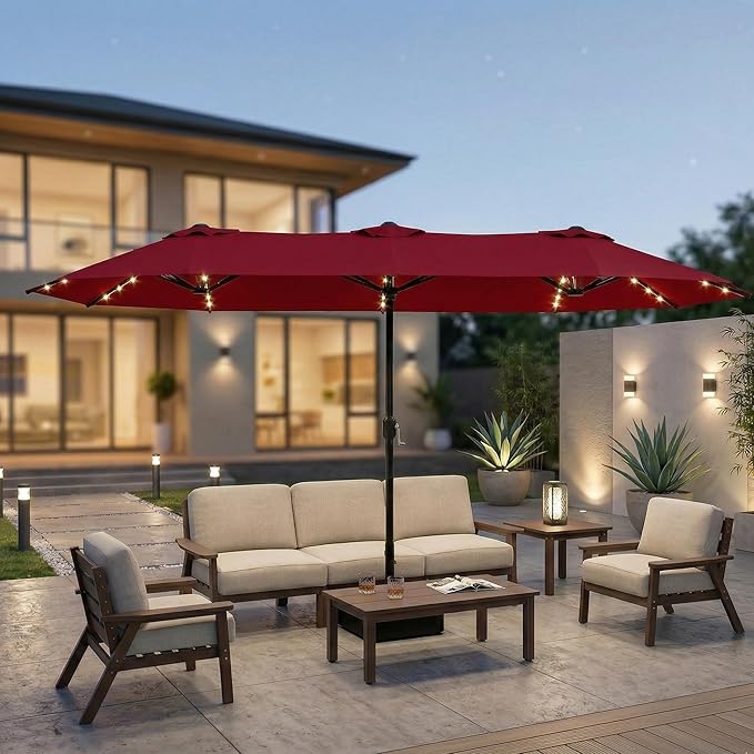 15ft Large Patio Umbrella with Solar Lights and Base, Double-Sided Outdoor Rectangle Umbrella with 48 LED Lights, Market Table Umbrellas with UV Resistant Canopy