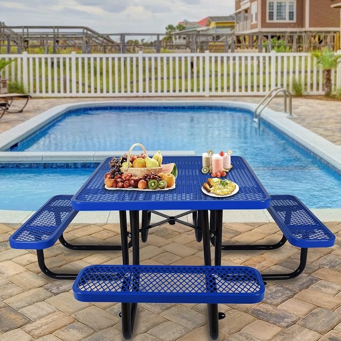 Heavy Duty Picnic Table for Outdoors 3200 lbs Load All Metal Camping Table with Umbrella Hole up to 1.5", Commercial Picnic Table with Benches for School, Coffee Shop, Blue