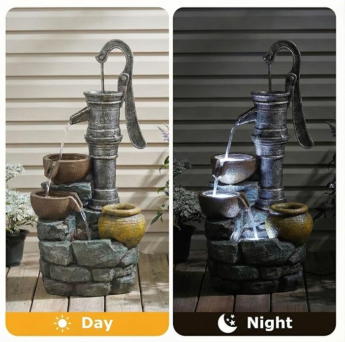 32.3" Water Fountain Outdoor with LED Lights, Vintage Style Waterfall Fountains with Pump, Floor-Standing Resin Water Feature for Garden Patio Backyard Deck Porch Home Decor (Grey-32.3" H Pump)