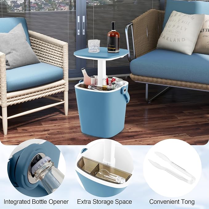 COSTWAY Outdoor Cooler Table, 4-Gallon Portable Cooler Side Bar Table with Handle, Lift Top Lid and Bottle Opener, Patio Furniture Cocktail Drink Table for Party Beer Wine Beverage (Blue)