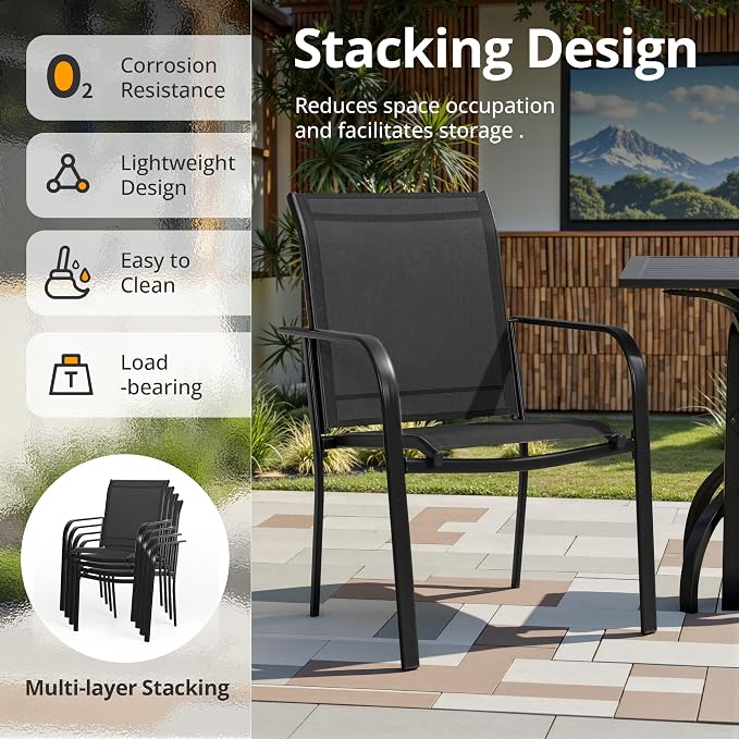 SUNCROWN 8 - Piece Outdoor Dining Set, Patio Furniture Set with 6 Textilene Dinning Chairs, 1 Rectangle Metal Table and 1 Sky Blue 9Ft Patio Umbrella for Lawn Garden Backyard Deck, Black