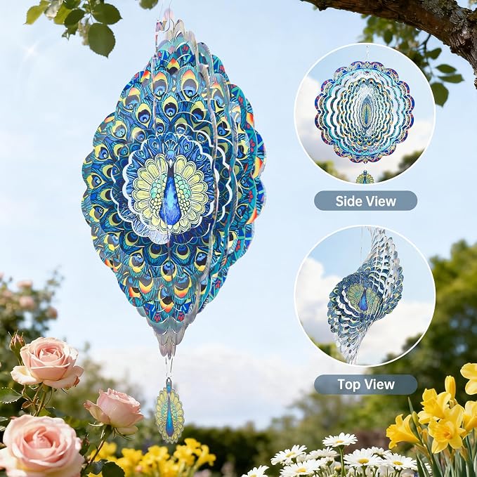 Peacock Wind Spinners Outdoor, 3D Stainless Steel Metal Wind Spinners, 12 Inch Laser Cut Kinetic Hanging Sculpture, Yard Art, Garden Decor, Peacock Gifts for Women, Men, Mom, Grandma