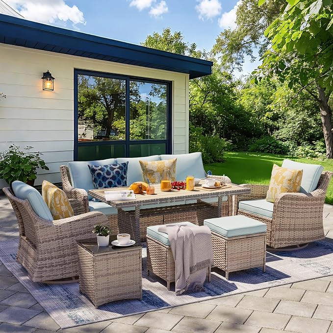 MEISSALIVVE 7 Pieces Patio Furniture Set with Swivel Chairs, Wicker Patio Conversation Set, Outdoor Patio Set with 2 Swivel Rocking Chair & Sofa, 2 Ottomans and Dining Table (Blue)