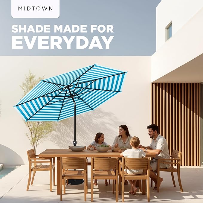 Midtown Umbrellas - 10-Year-No-Fade 8 Ft Patio Umbrella with Terylast Fabric, Auto-Tilt Aluminum Frame and 8 Reinforced Ribs for Deck, Pool, Garden & Beach - Blue/White Stripes Canopy, Black Pole