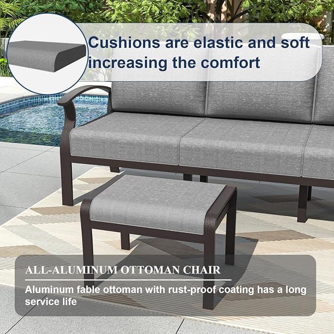 Kurapika Aluminum Patio Furniture Set 5-Seat Modern Metal Outdoor Conversation Sets w/45in Propane Fire Pit Table, w/5.1 Inch Cushion Patio Sectional Sofa with 2 Ottomans, Grey