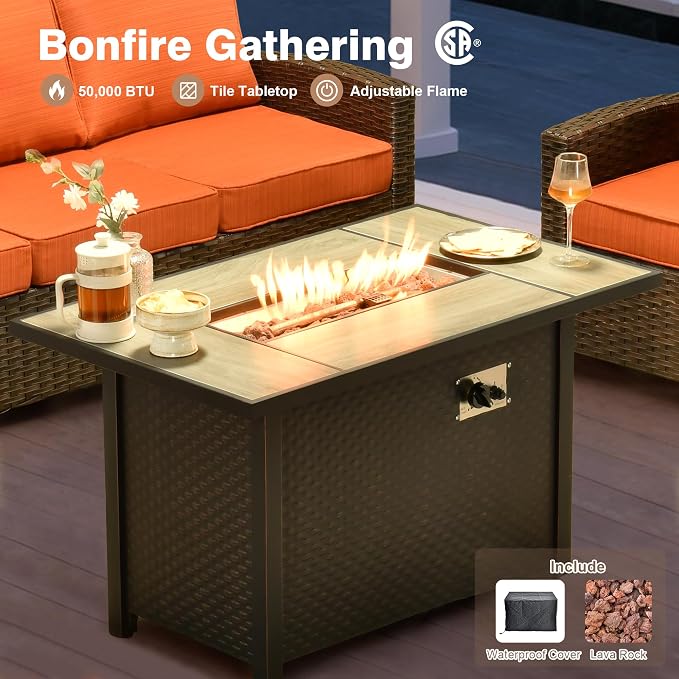 ovios 6 Pieces Patio Furniture Set, Outdoor Wicker Sofa Couch with 42" Fire Pit Table Comfy Cushions, All Weather Brown Rattan Conversation Set for Backyard Deck, Orange Red