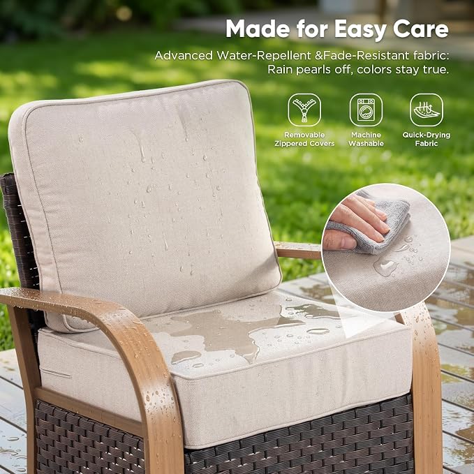 Belord 5 Piece Outdoor Patio Furniture Set with 6-Inch Thick Cushions, Outdoor Swivel Rocker Chairs with Patio Couch and Ottomans, 3 Seater Wicker Sofa for Deck Proch Balcony Yard, Wood & Beige