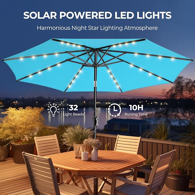HOMSHADE 9ft Solar Patio Umbrella - Solar Lights LED Lighted Outdoor Market Table Umbrella, UPF50+ UV Protection with Push Button Tilt, Crank for Pool Deck and Garden (Light Blue)