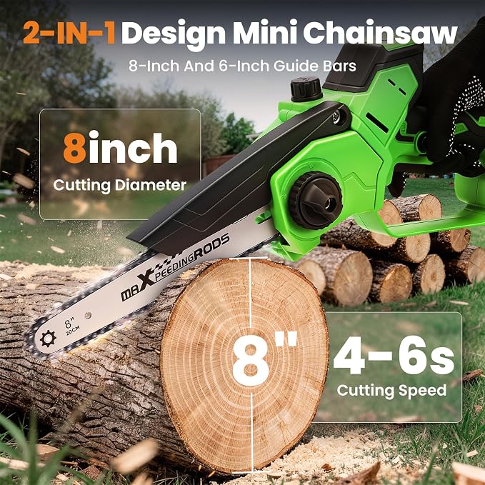 maXpeedingrods Electric Chainsaw Cordless, 8 Inch & 6 Inch Mini Chainsaw with 3.0Ah Battery, Brushless, Auto Oiler & Tool-Free Tensioner, Handheld Portable Chainsaw (8inch Light Green with 3.0Ah)