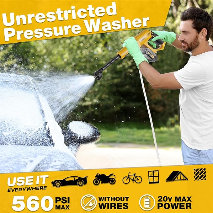20V Cordless Pressure Washer Max 560 PSI High Pressure Power Washer Portable Handheld Cleaner with 2pcs Rechargeable 1.5Ah Battery, 6 in 1 Nozzles for Car Bike Garden Patio Fence & Home Cleaning