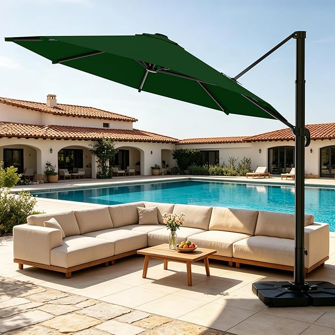 AreShark 11FT Round Cantilever Patio Umbrella with Base Included, 360° Rotation Offset Outdoor Umbrella, 5 Tilt Settings Heavy Duty Hanging Parasol for Deck Garden Pool, Dark Green