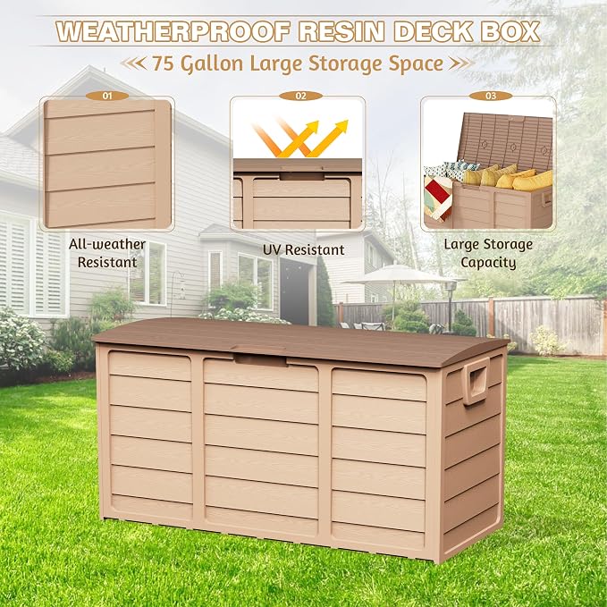 SUNCROWN 75 Gallon Deck Storage Box Resin Outdoor Storage Container with Handles for Patio Garden Yard Porch, Yellow