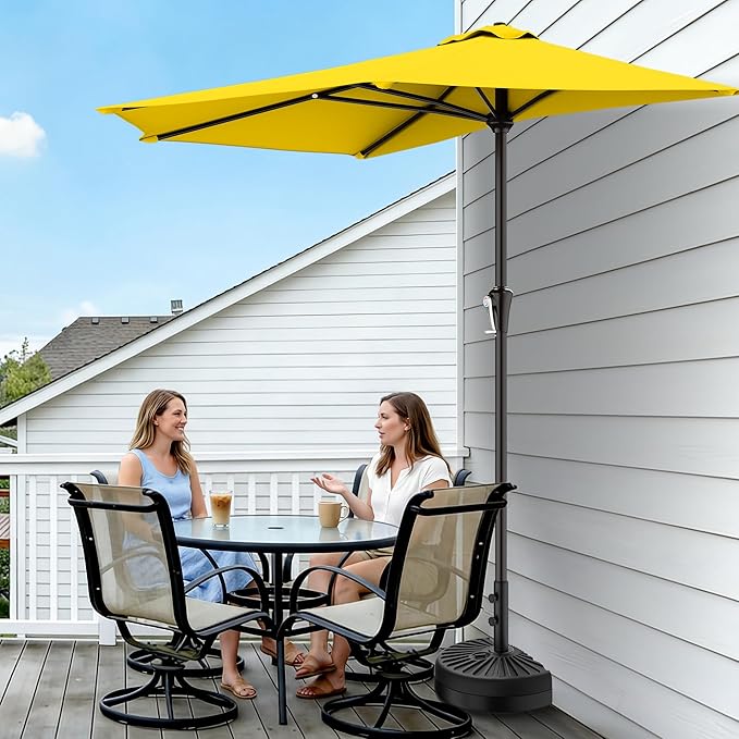 AreShark 9FT Half Patio Umbrella, Outdoor Wall Umbrella with Crank & 5 Sturdy Ribs, Table 1/2 Umbrella Patio for Garden, Deck, Balcony and Pool, Yellow