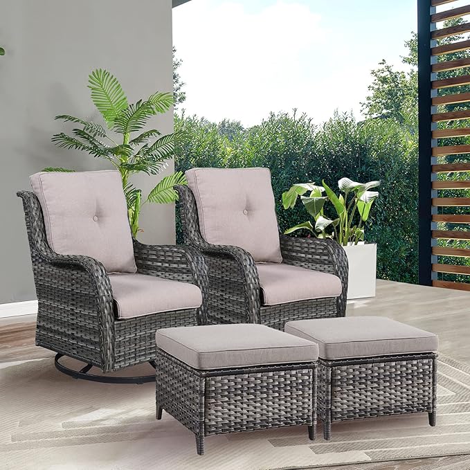 Rilyson Wicker Patio Furniture Set - 4 Piece Rattan Outdoor Patio Conversation Sets with 2 Swivel Rocking Chairs,2 Ottomans for Porch Deck Garden(Mixed Grey/Grey)
