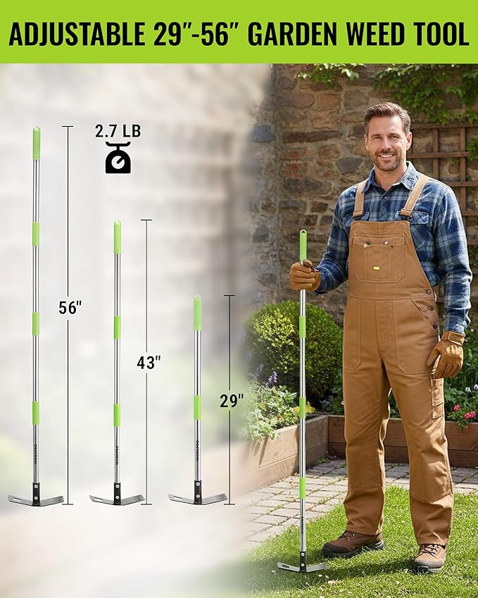 WORKPRO Weed Puller Tool with Long Handle – 2-in-1 Garden Hoe & Weed Rake, 29"-56" Adjustable Manual Weeding Tool, Uprooting Weed Remover Gardening Weeder Tools for Yard, Lawn, Patio and Garden