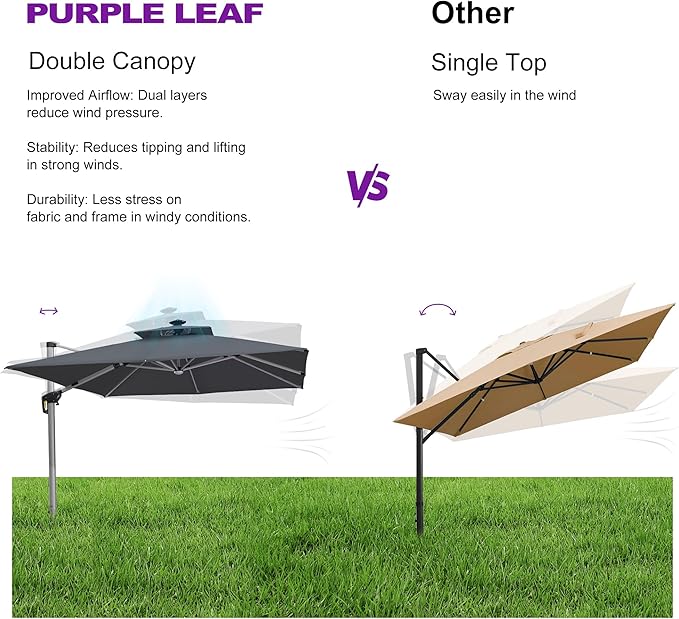 PURPLE LEAF 12 Feet Double Top Deluxe Solar Powered LED Square Patio Umbrella Light Patio Umbrella Outdoor Cantilever Umbrella with Lights, Grey