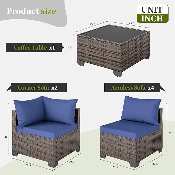 7 Pieces Patio Furniture Set - Outdoor Sectional Wicker Rattan Furniture with Cushion and Glass Table Patio Conversation Sets for Porch Poolside Backyard Outdoor Sofa Set Modular Sofa