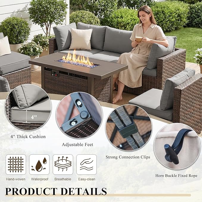 Patio Furniture Set 9 Pieces with 44" Fire Pit Table, Rattan Outdoor Sectional Conversation Sets, All Weather Outdoor Furniture Set with Cushions for Garden Lawn Balcony Porch Deck Grey